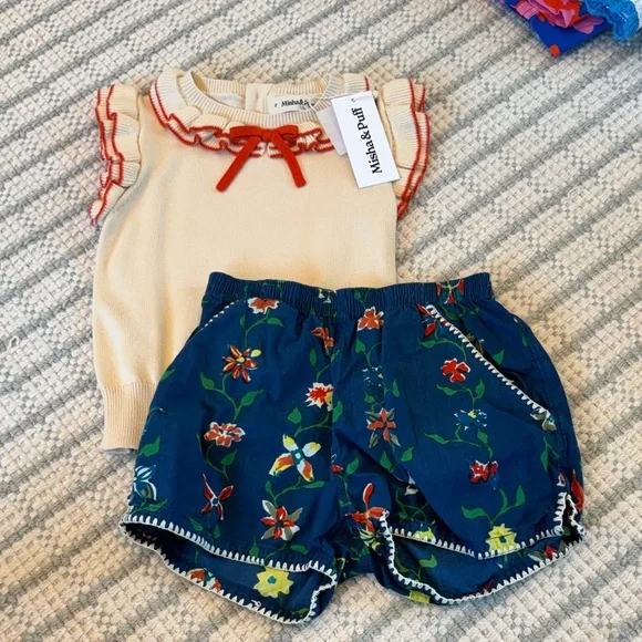 Misha And Puff Cream Top and Blue Floral Shorts Set - Picture 1 of 1